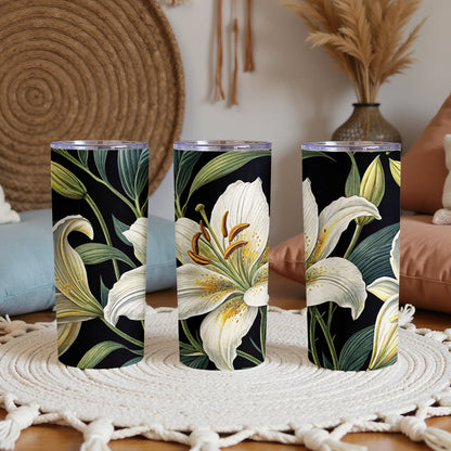 Delicate White Lilies on Black Background for Floral Lovers Tumblers - Walk Greener