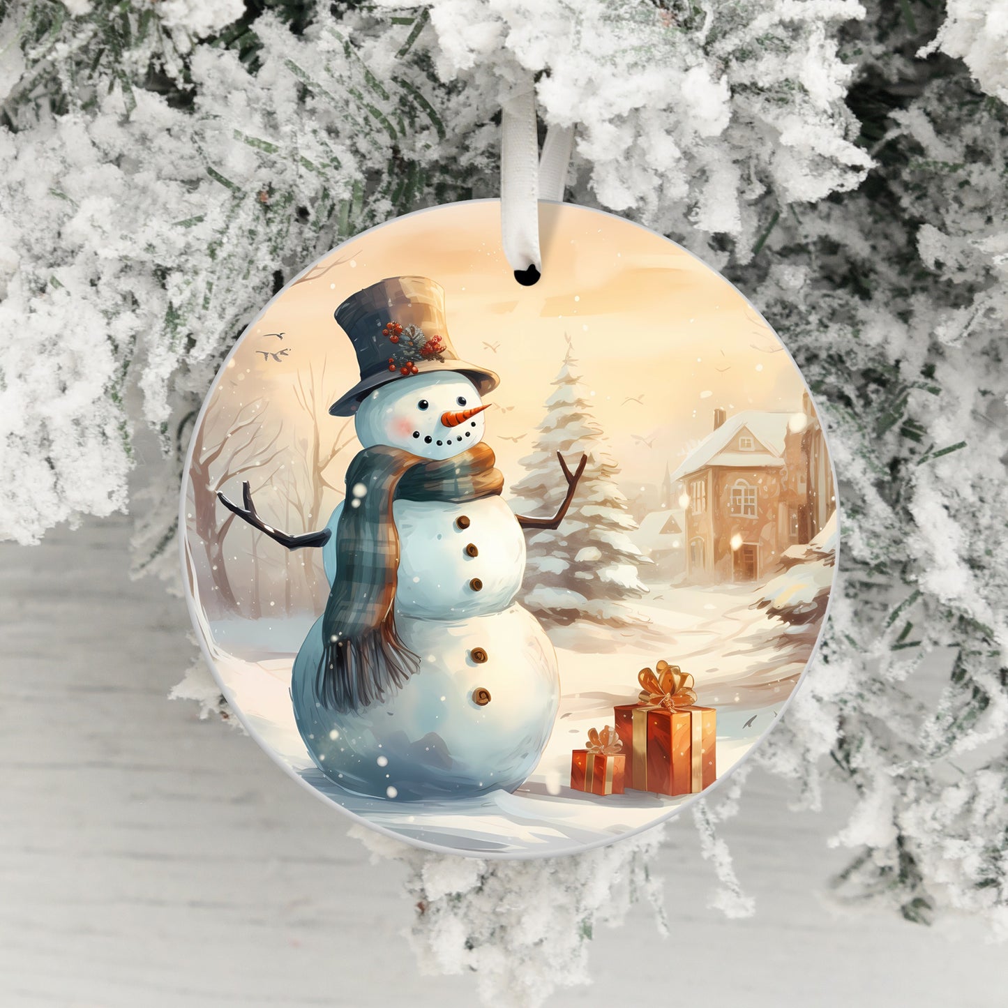 Festive Snowman Scene Round Christmas Ornament product