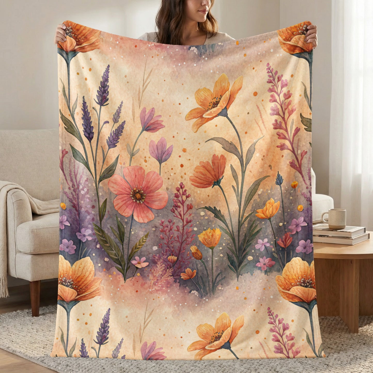 Floral Delight Watercolor Design Velveteen Plush Blankets - Walk Greener