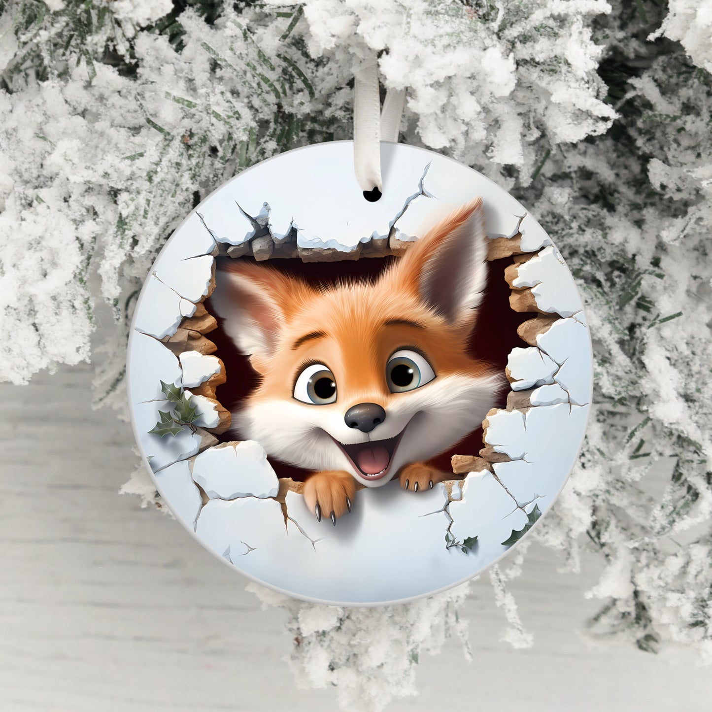 Cute Cartoon Fox Peeking Through Snow Christmas Ornament product type