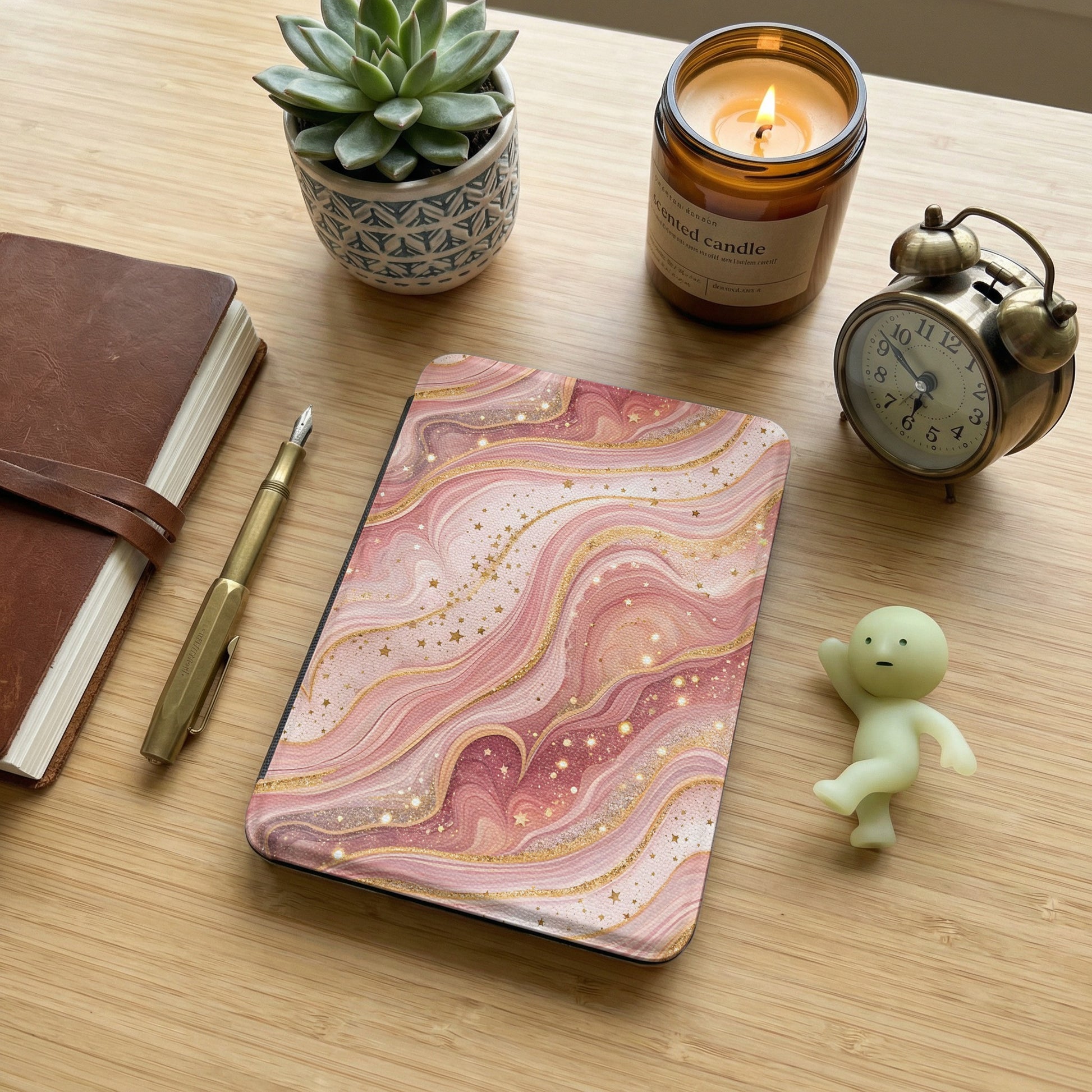 Elegant Swirl Design Notebook with Golden Stars Pattern