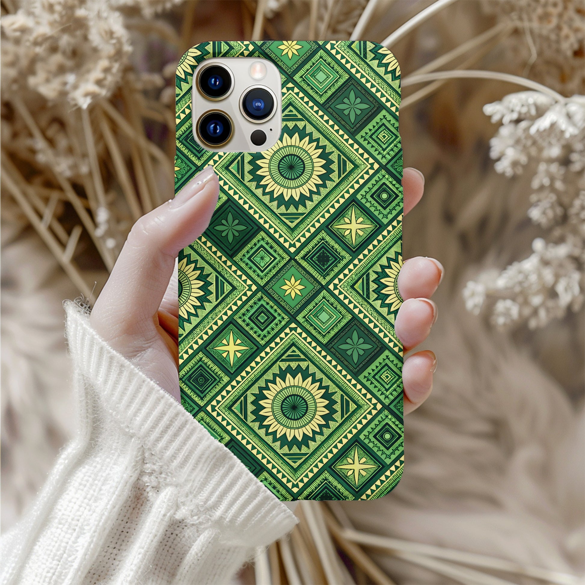 Geometric Green and Yellow Pattern with Custom Name Case - Walk Greener
