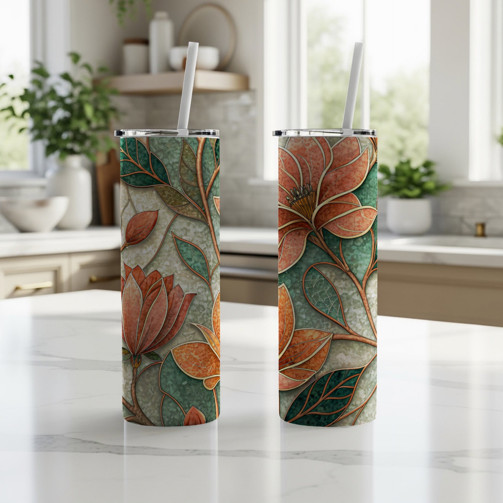 Stained Glass Inspired Magnolia Flowers on Branches 20 oz Skinny Tumbler - Walk Greener