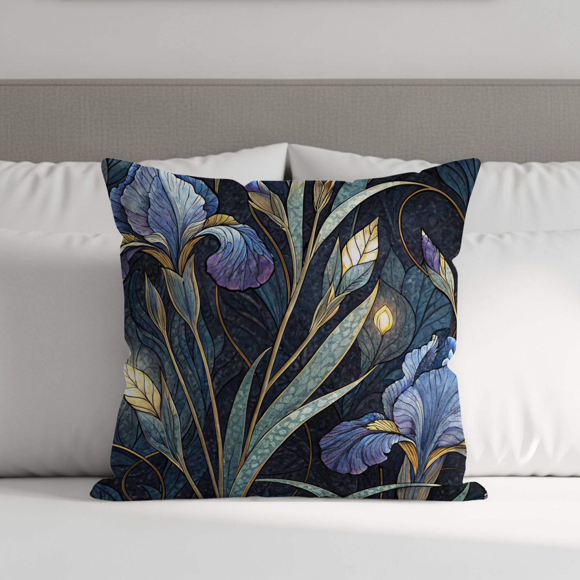 Elegant Iris Floral Pattern in Blue and Gold Throw Pillows - Walk Greener