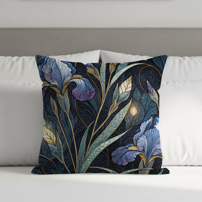 Elegant Iris Floral Pattern in Blue and Gold Throw Pillows - Walk Greener