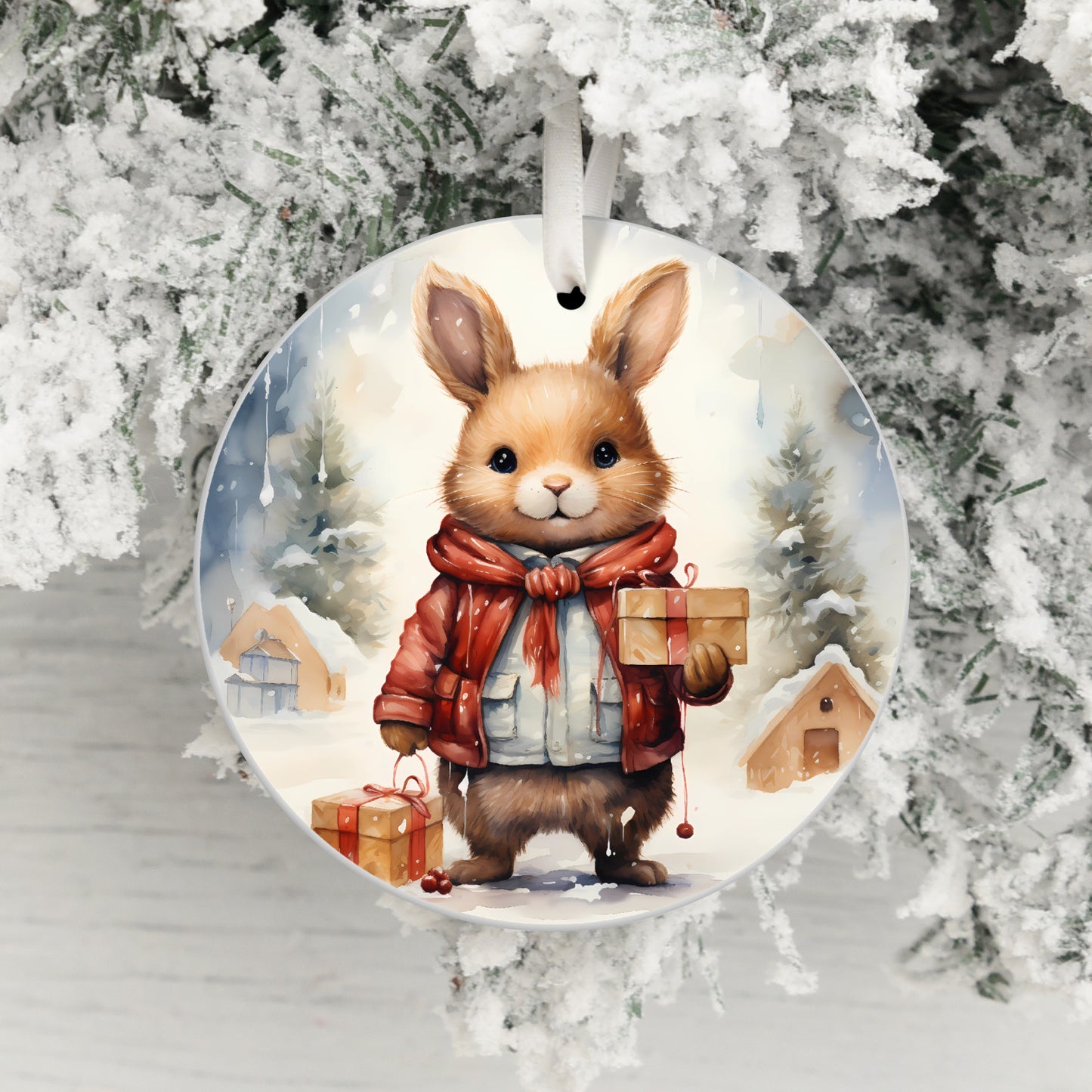 Festive Bunny Holding Presents Christmas Ornament product