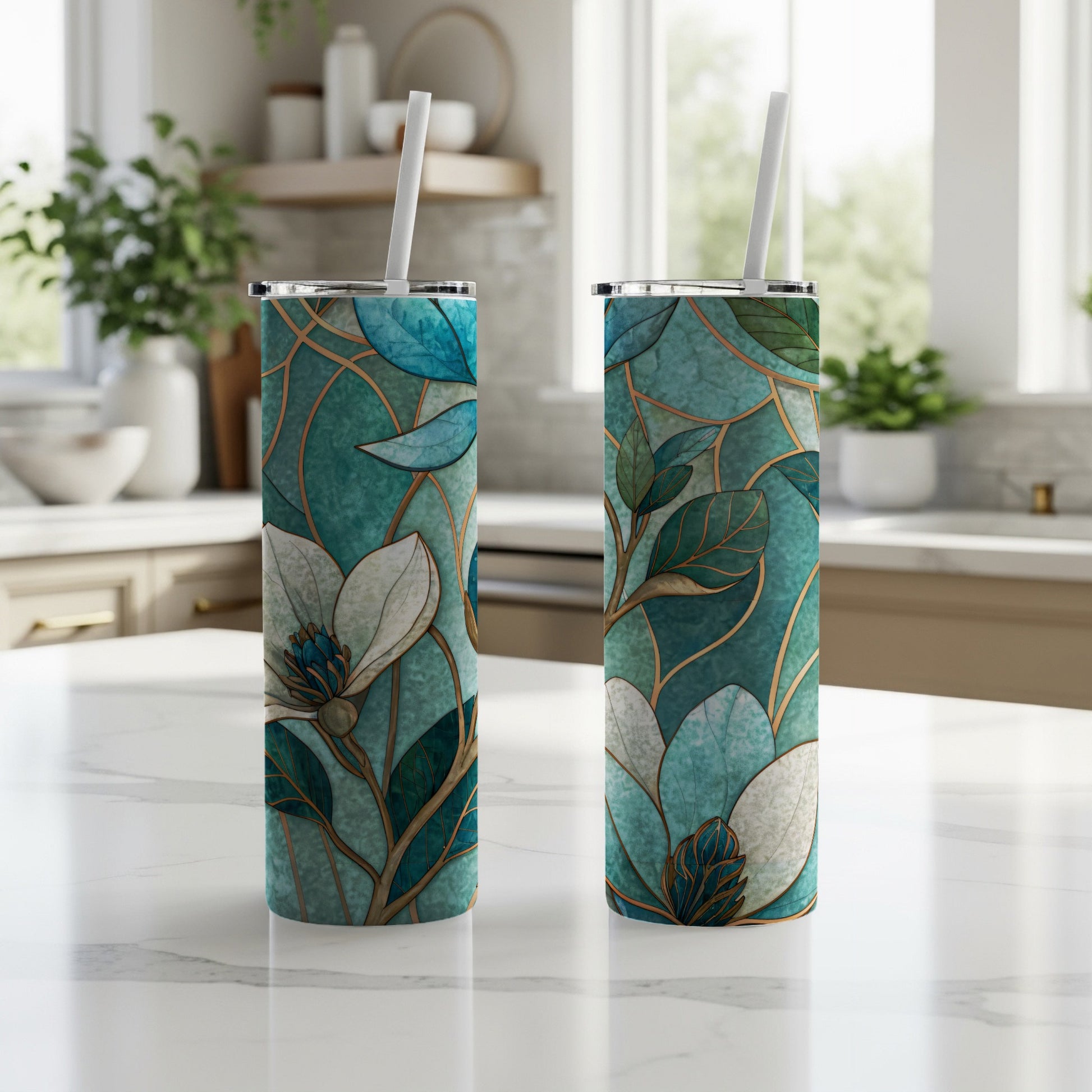 Blue And White Floral Arrangement Golden Lines 20 oz Skinny Tumbler - Walk Greener