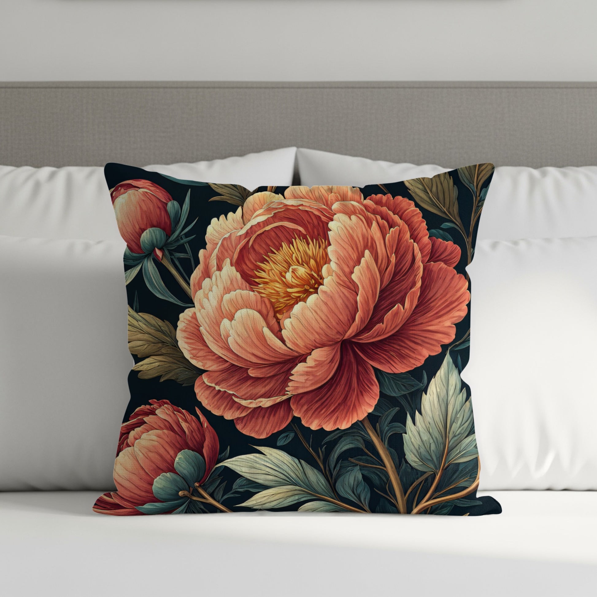 Elegant Floral Art Peonies with Dark Background Decorative Floral Throw Pillows - Walk Greener
