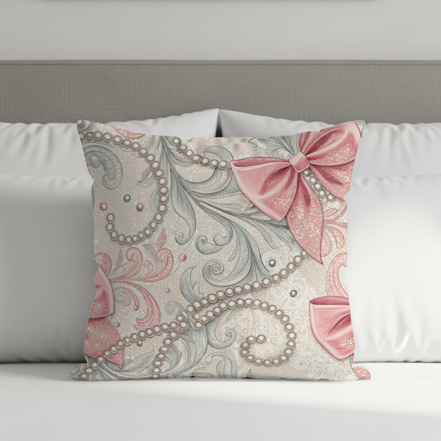 Elegant Bow and Pearl Decorative Throw Pillow