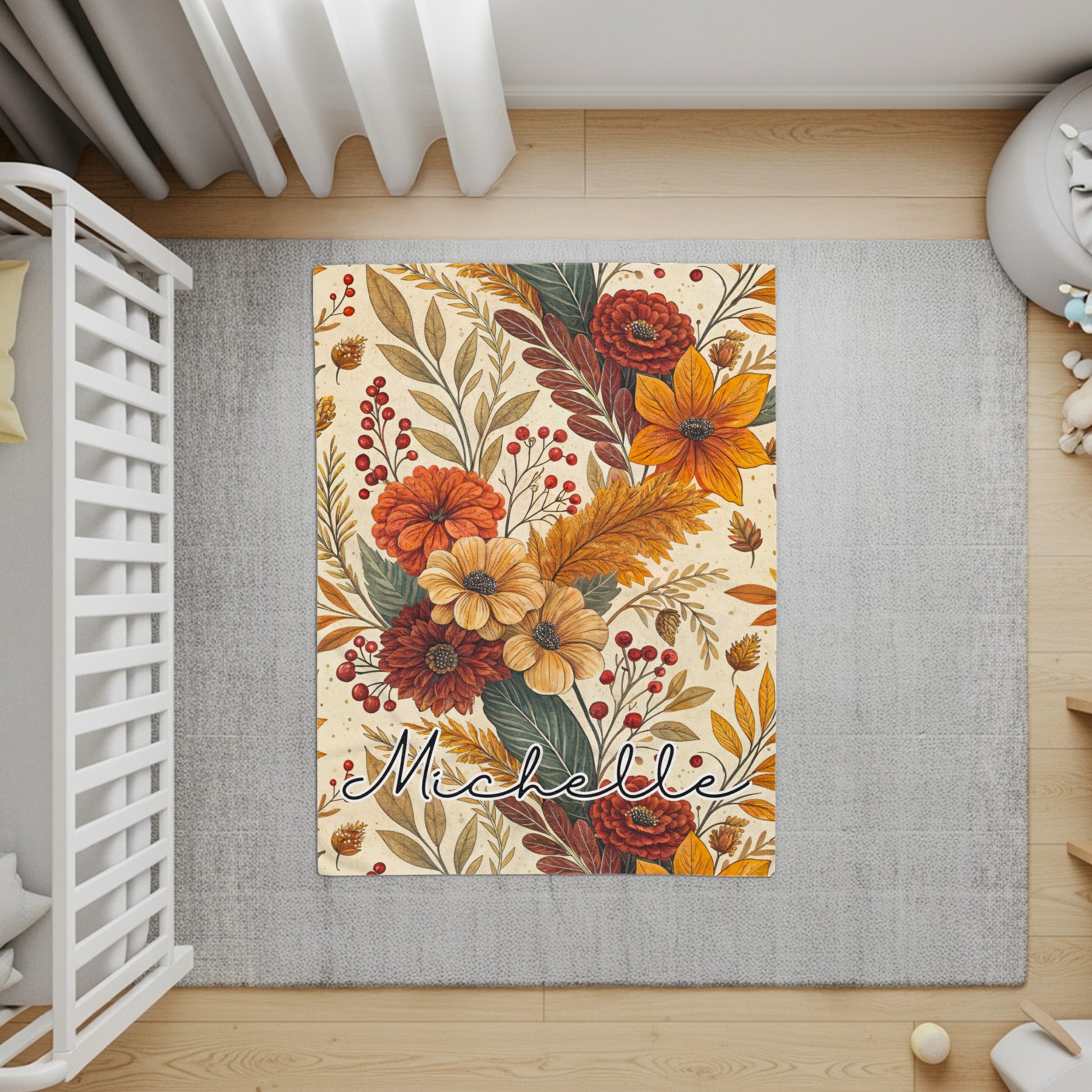 Personalized Floral Design Area Rug with Name Michelle