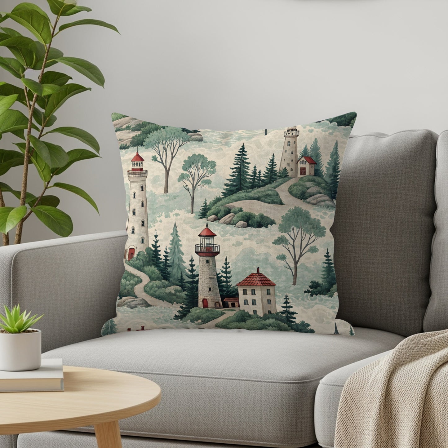 Scenic Lighthouse and Forest Design Throw Pillow