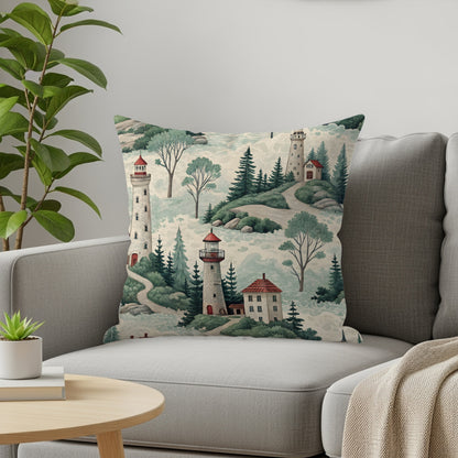 Scenic Lighthouse and Forest Design Throw Pillow