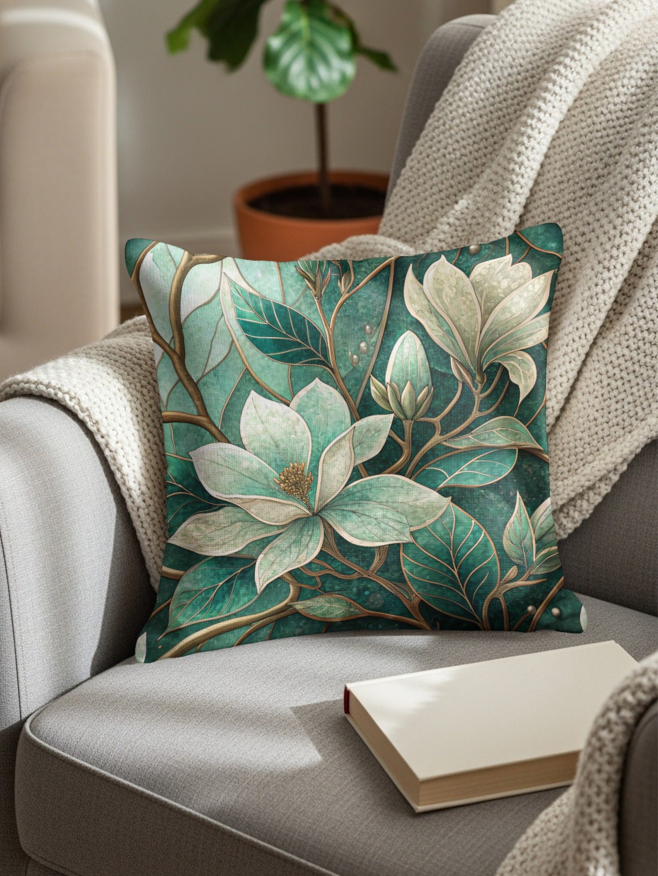 Emerald Magnolia Blossom and Vines Pattern Design Throw Pillows - Walk Greener