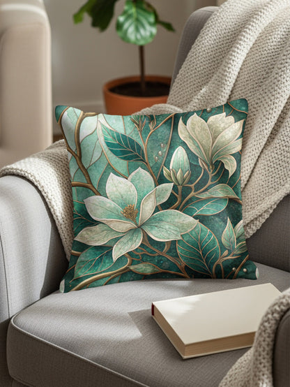 Emerald Magnolia Blossom and Vines Pattern Design Throw Pillows - Walk Greener