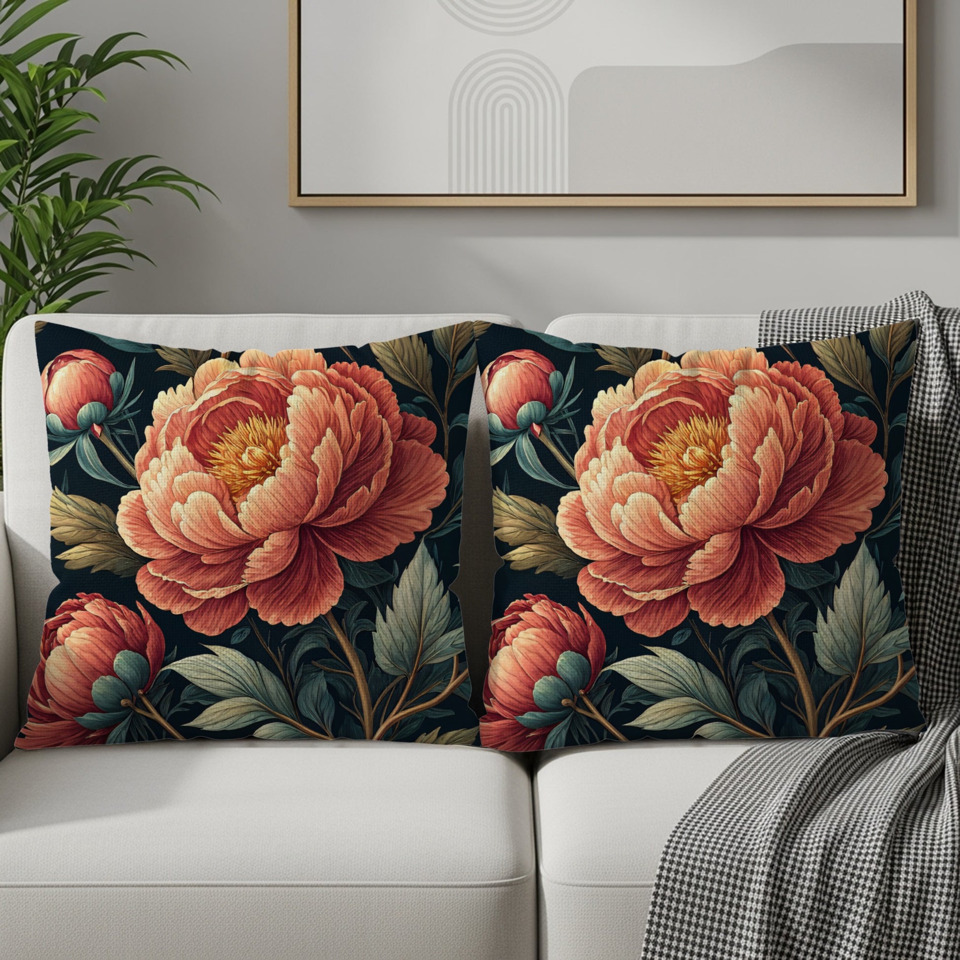 Elegant Floral Art Peonies with Dark Background Decorative Floral Throw Pillows - Walk Greener