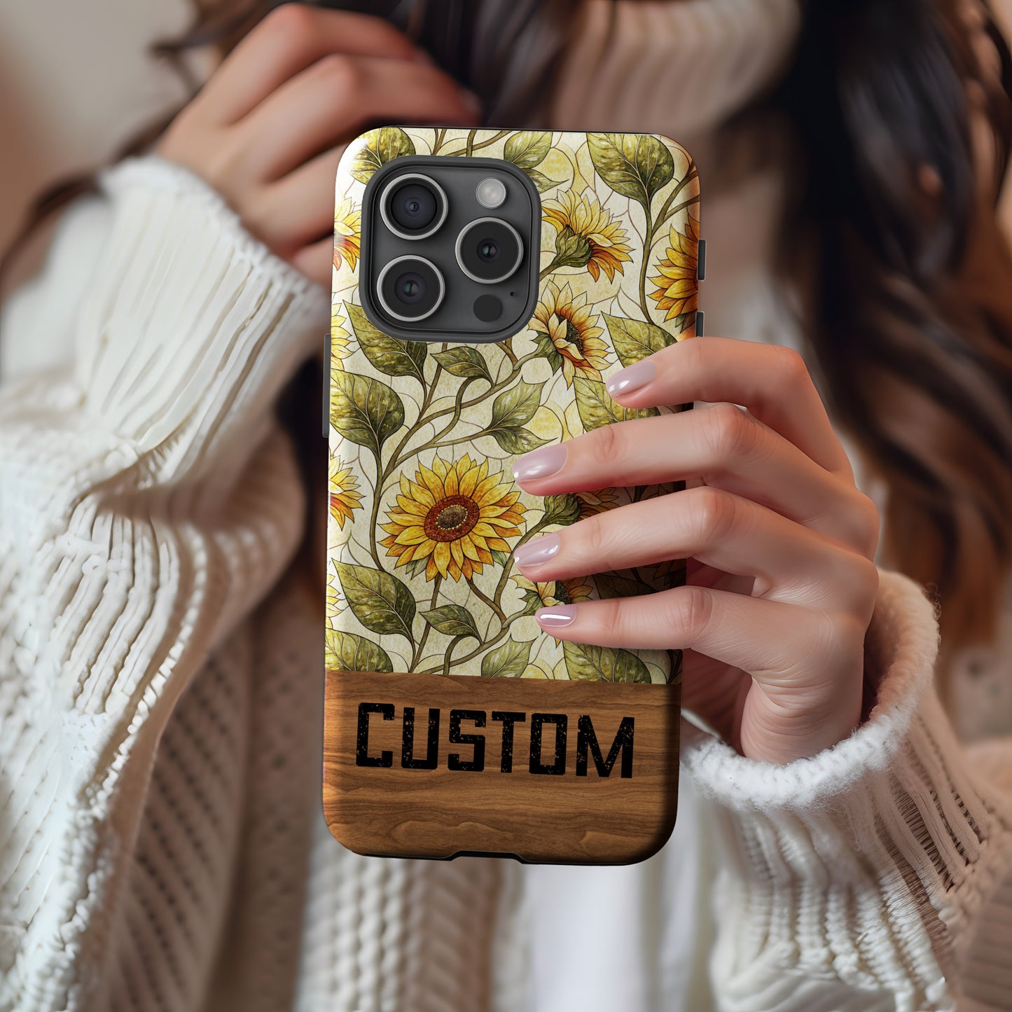 Sunflower and Wood Design Custom Phone Case Product