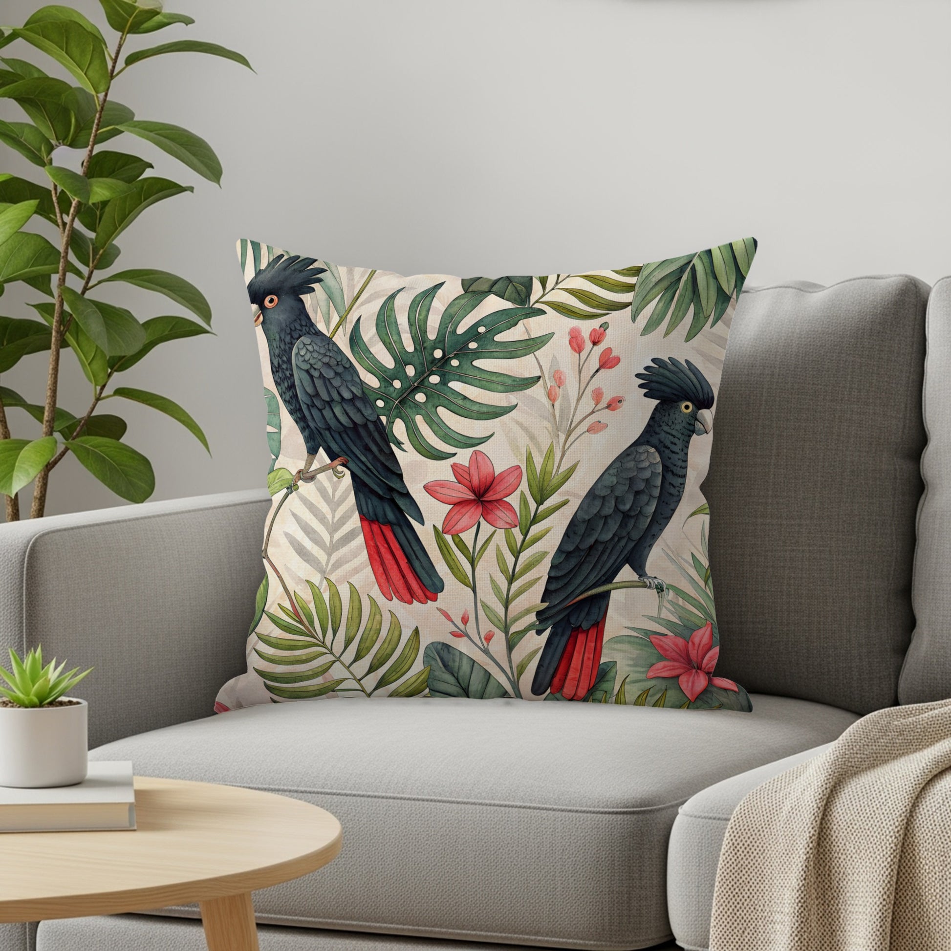 Tropical Parrot Illustration with Floral Decor Pillow