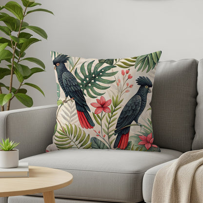 Tropical Parrot Illustration with Floral Decor Pillow