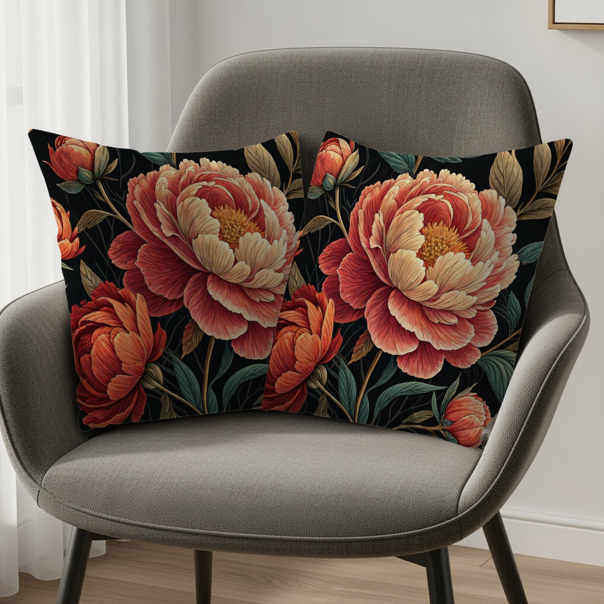 Lush Peonies on Dark Ground Decorative Floral Throw Pillows - Walk Greener