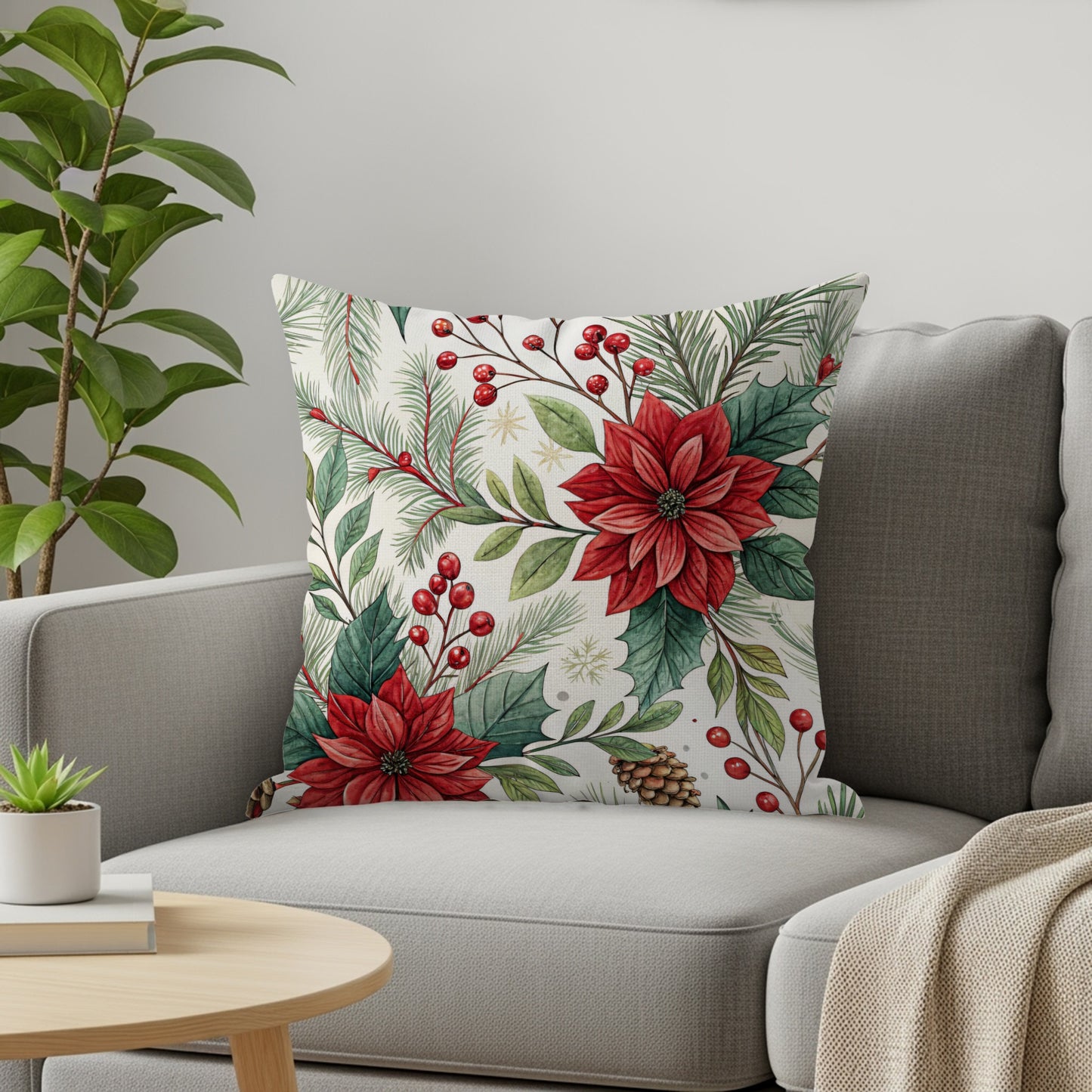 Festive Poinsettia and Berries Decorative Pillow Cover