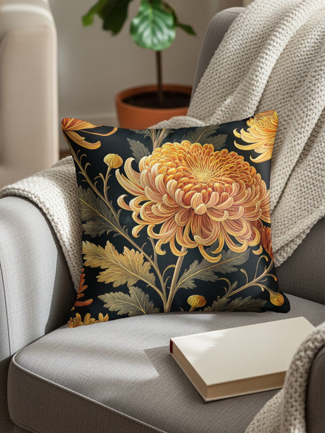Chrysanthemum Flowers Dark Background Decorative Floral Throw Pillows - Walk Greener