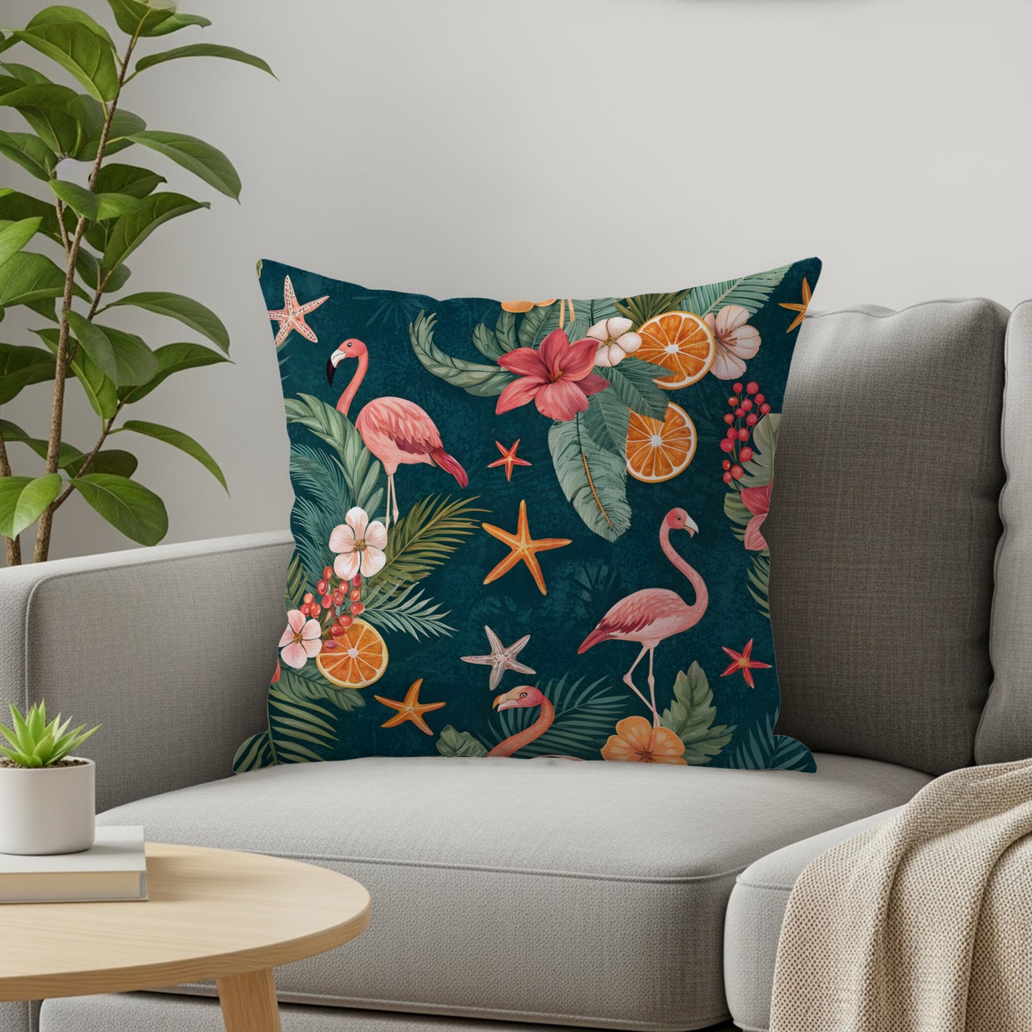 Tropical Flamingo and Starfish Decorative Throw Pillow