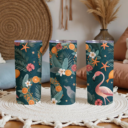 Tropical Paradise Design Tumbler Cup with Flamingo and Starfish