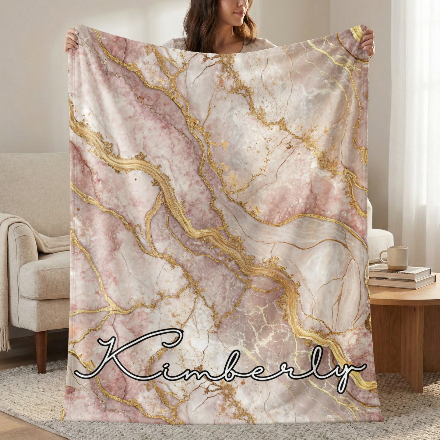 Kimberly Pink Marble Gold Accent Decorative Blanket