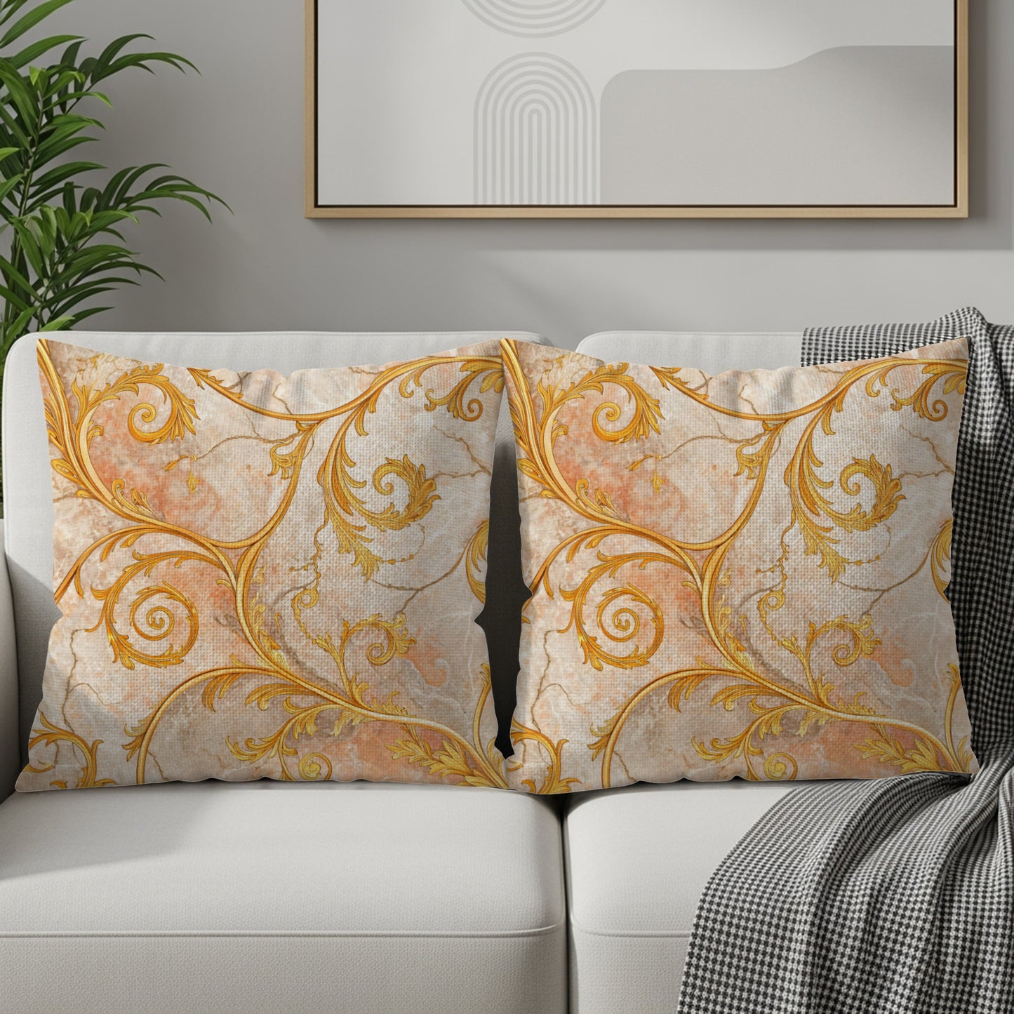 Golden Floral Swirls Over Faux Marble Decorative Floral Throw Pillows - Walk Greener