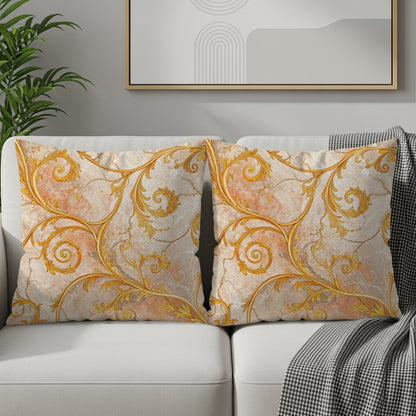 Golden Floral Swirls Over Faux Marble Decorative Floral Throw Pillows - Walk Greener