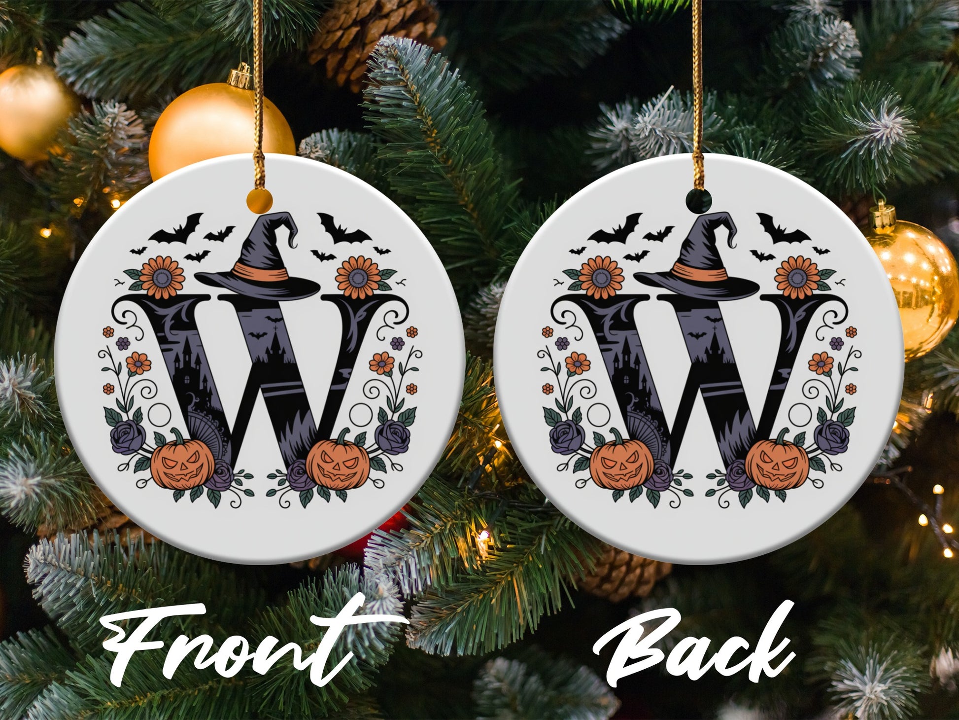 Halloween Witch Hat Pumpkin Bat Initial Ornament product type