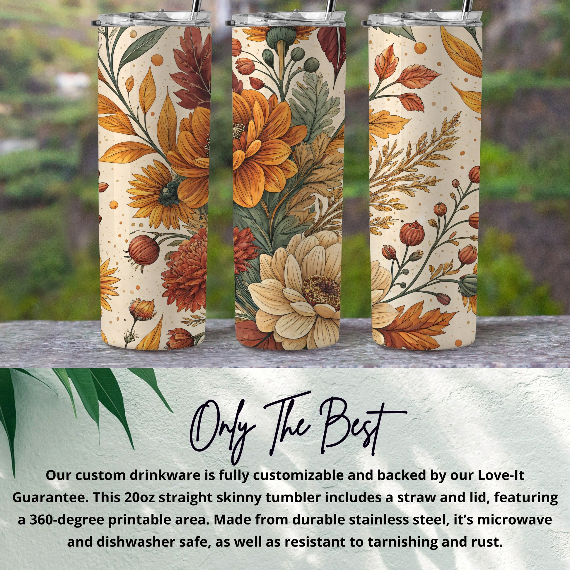 Floral Autumn Design Skinny Tumbler with Straw and Lid