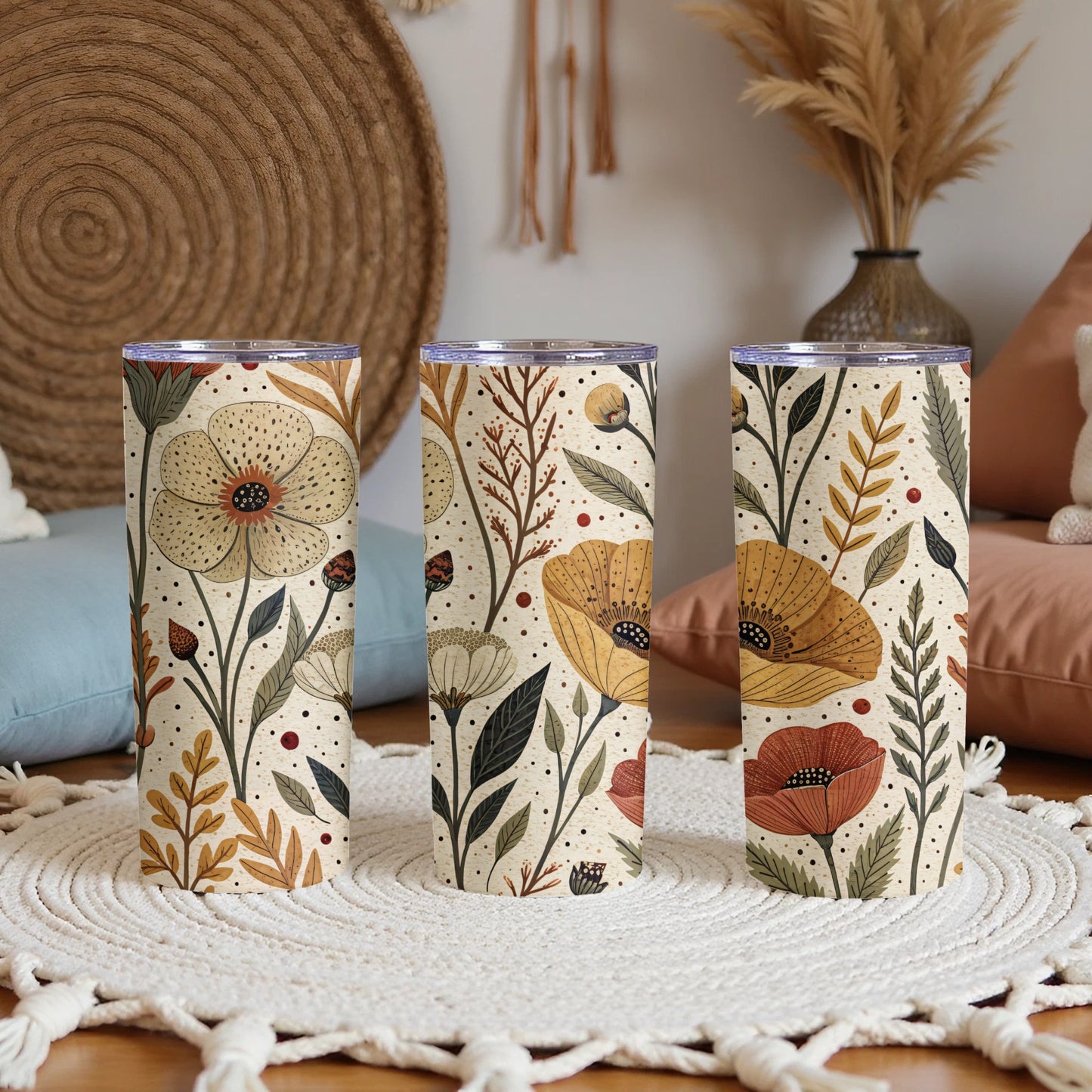 Elegant Floral Pattern with Earthy Tones 20 oz Skinny Tumbler - Walk Greener