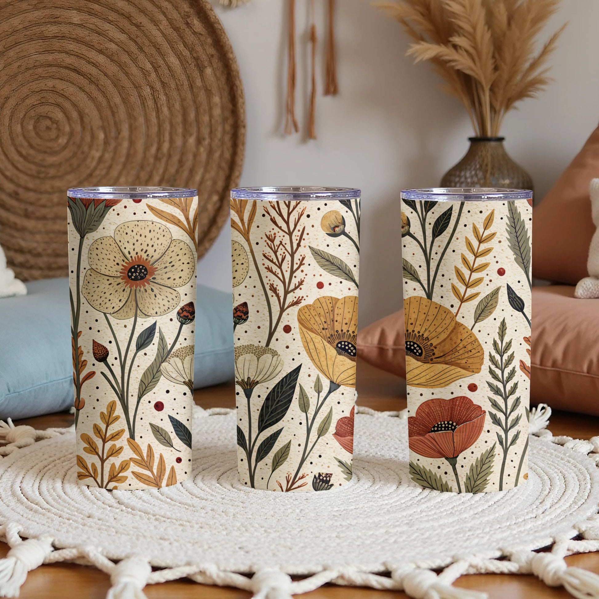 Elegant Floral Pattern with Earthy Tones 20 oz Skinny Tumbler - Walk Greener