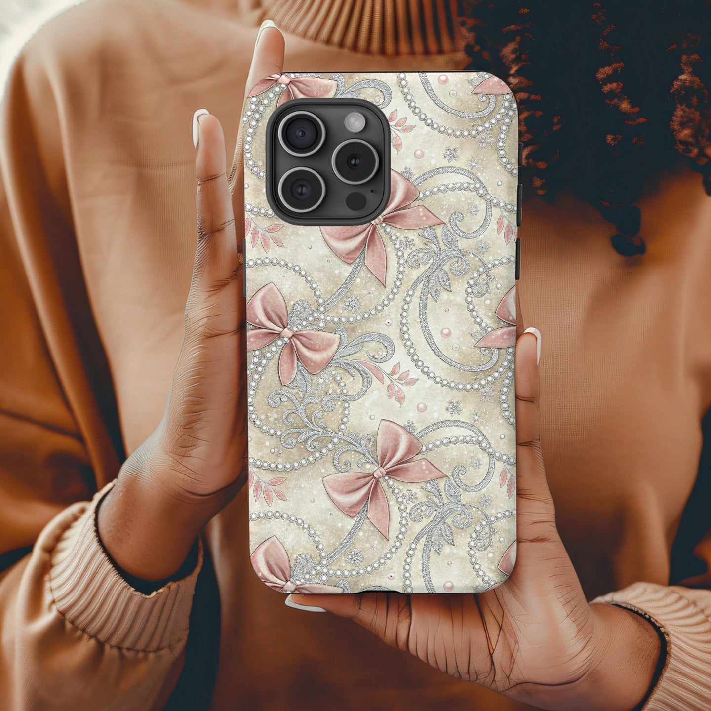 Shimmering Pink Bows and Pearls Design Phone Case