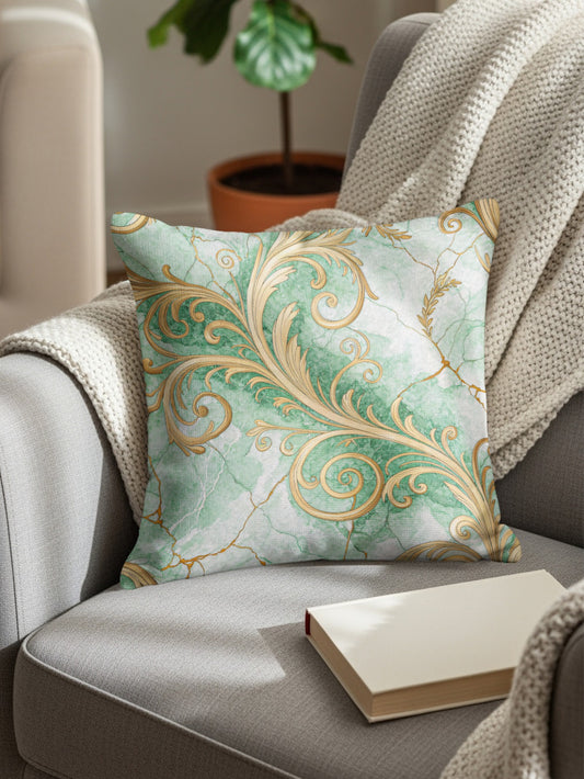 Elegant Green Gold Swirl Pattern Throw Pillow