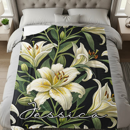 Personalized Floral Lily Patterned Blanket with Name Design