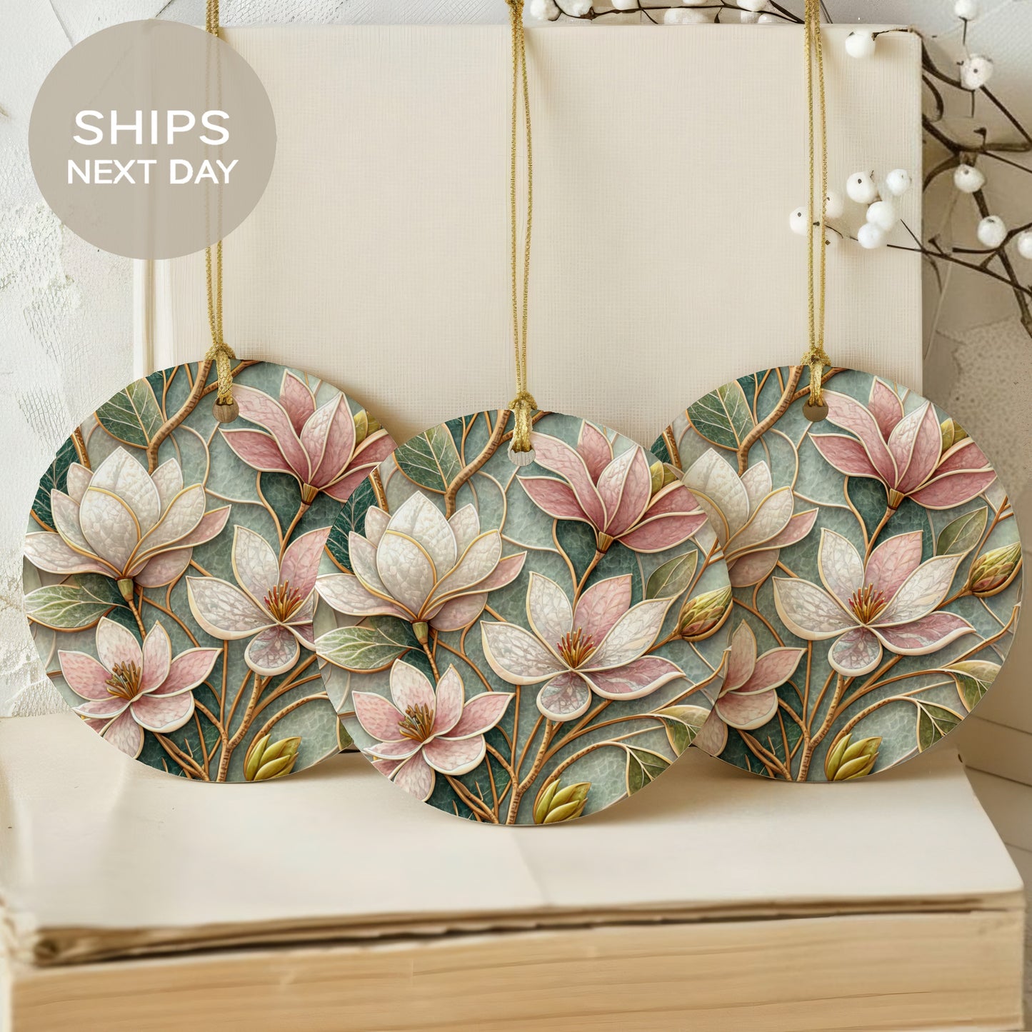 Elegant Floral Round Ornaments Ships Next Day