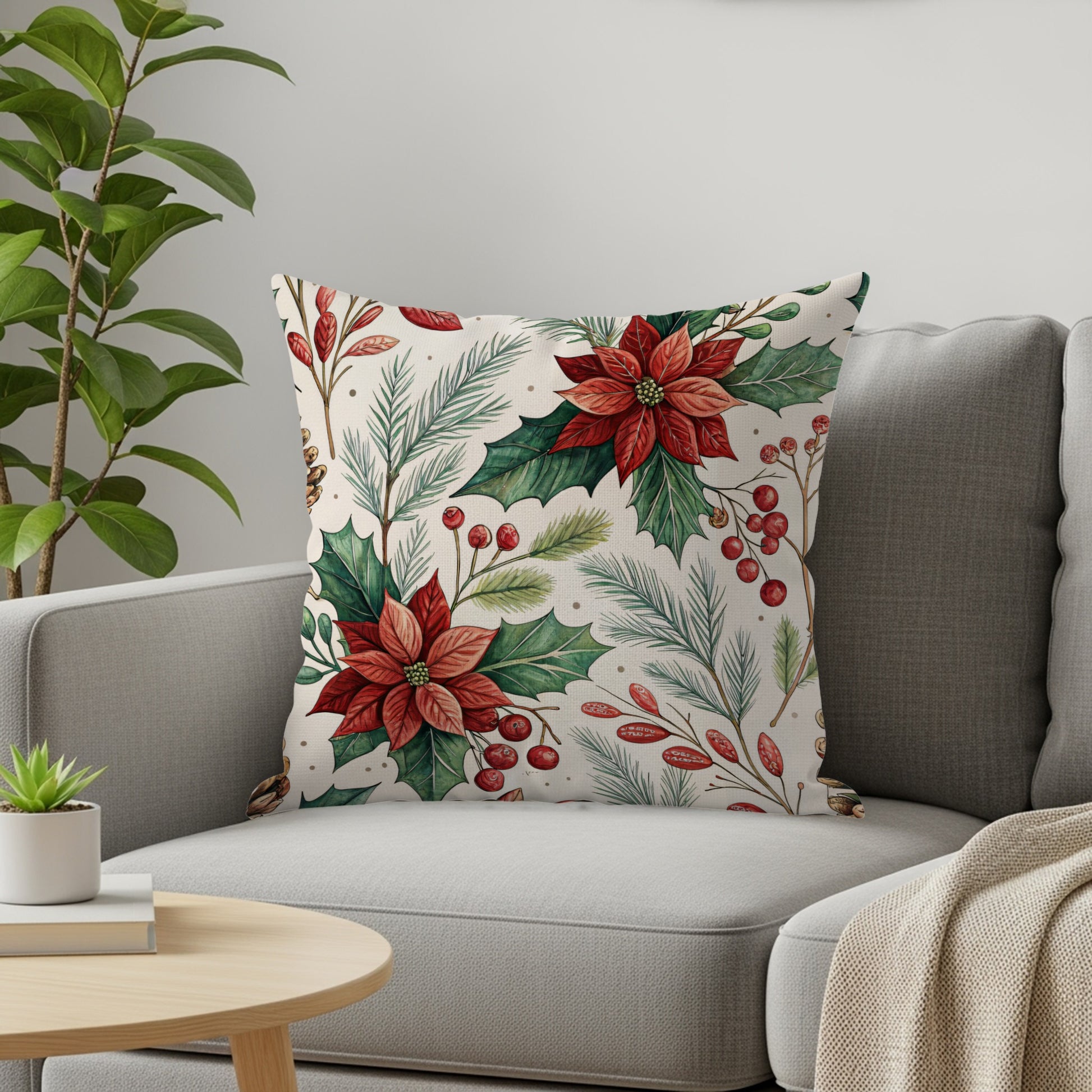 Festive Holiday Poinsettia Throw Pillow for Home Decor