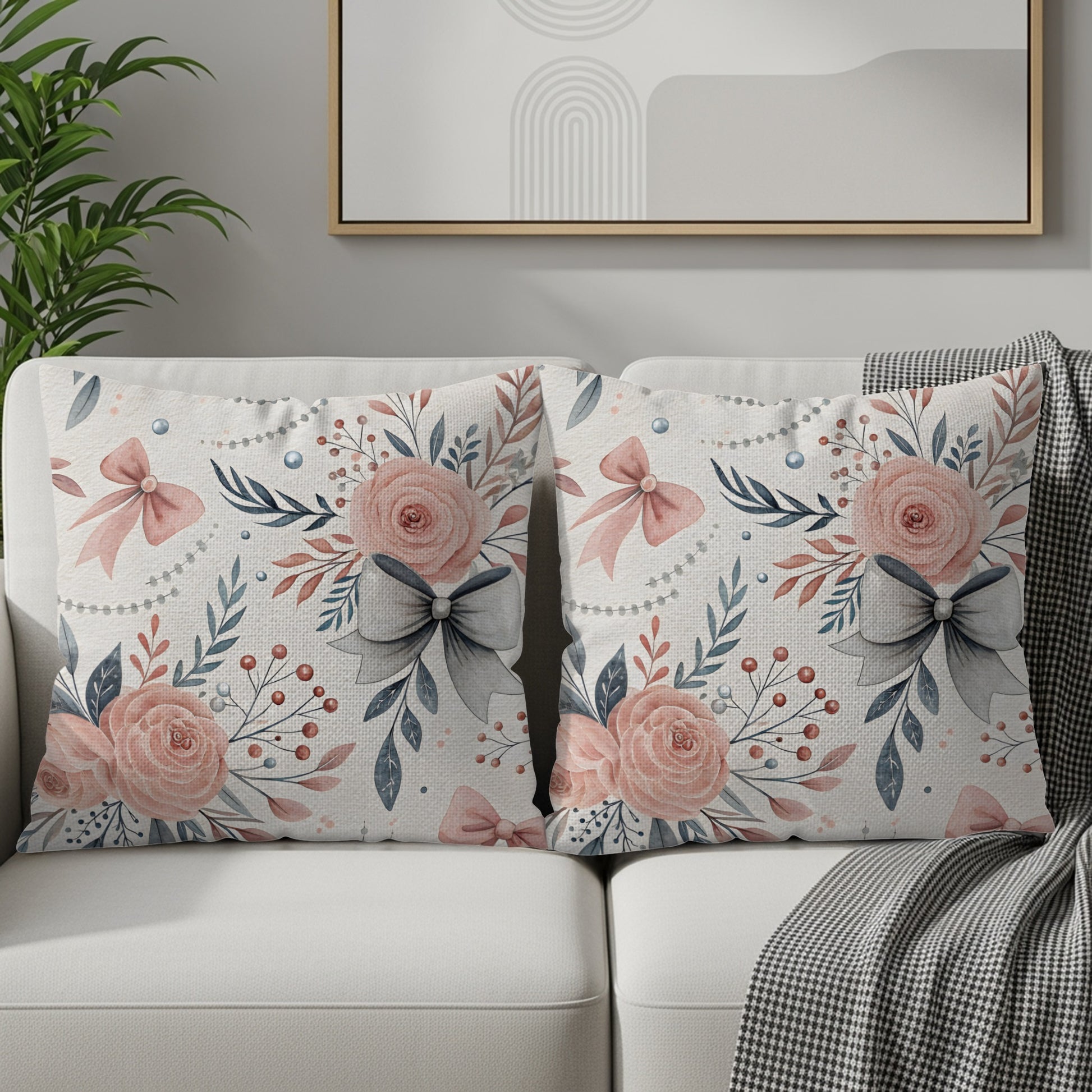 Elegant Floral Design Throw Pillow Set with Bows