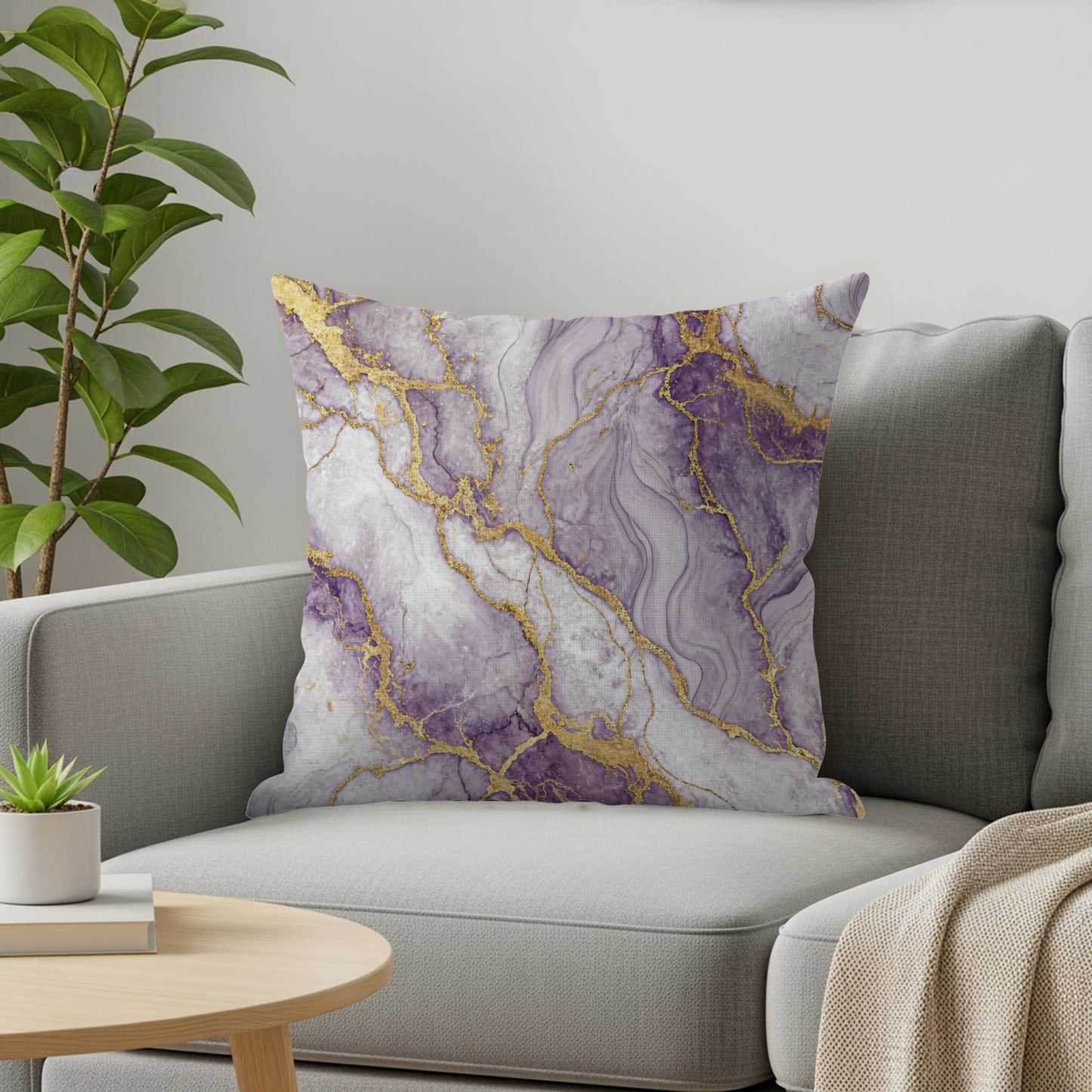 Elegant Purple Gold Accent Abstract Swirl Decorative Floral Throw Pillows - Walk Greener