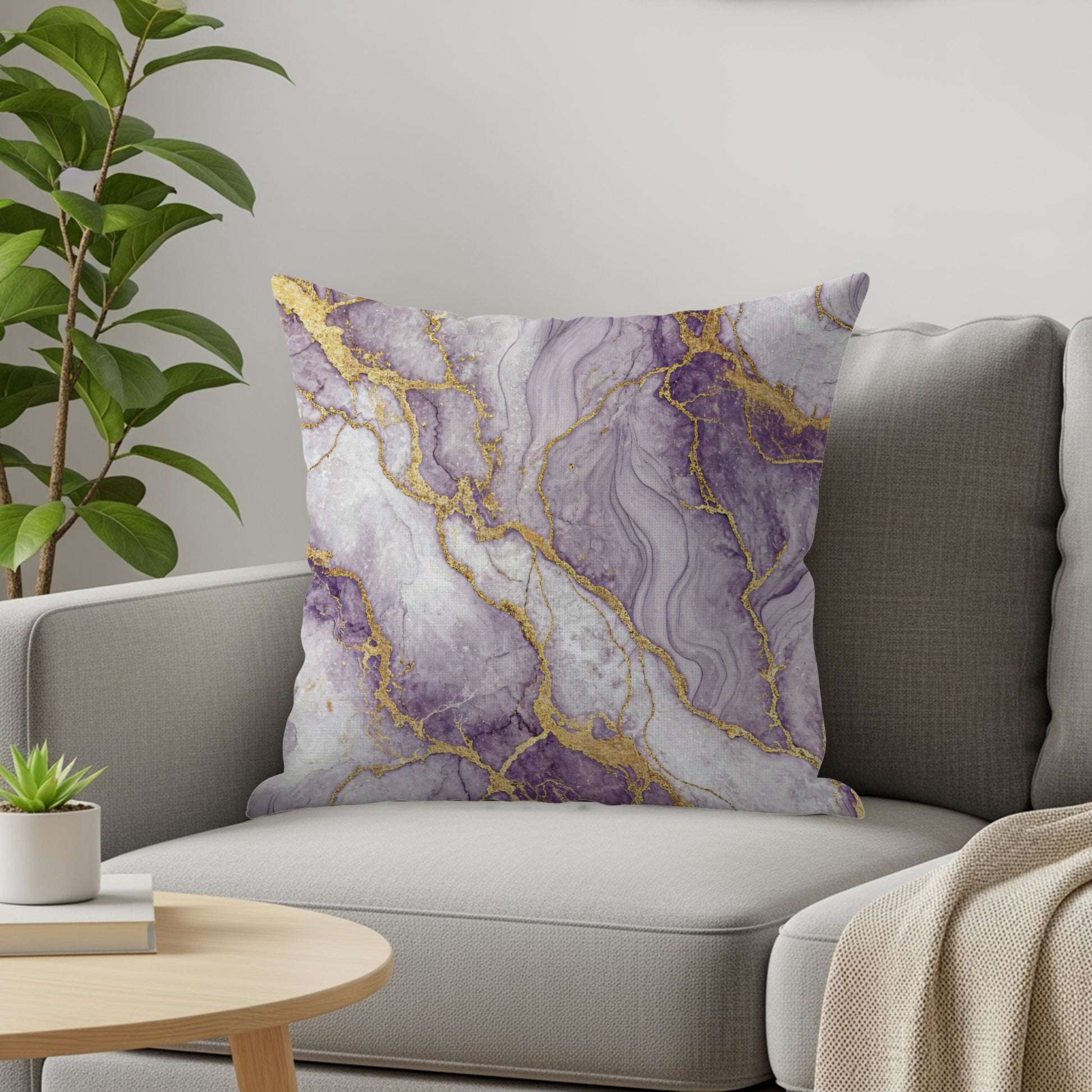 Elegant Purple Gold Accent Abstract Swirl Decorative Floral Throw Pillows - Walk Greener