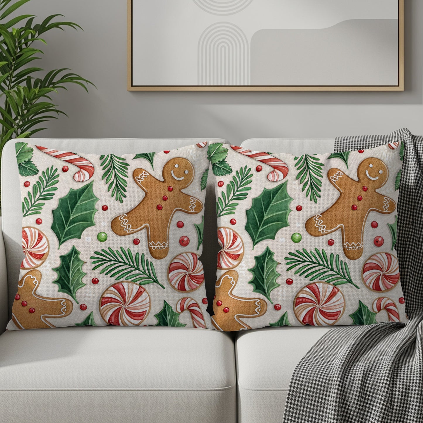 Festive Gingerbread and Candy Cane Christmas Cushion
