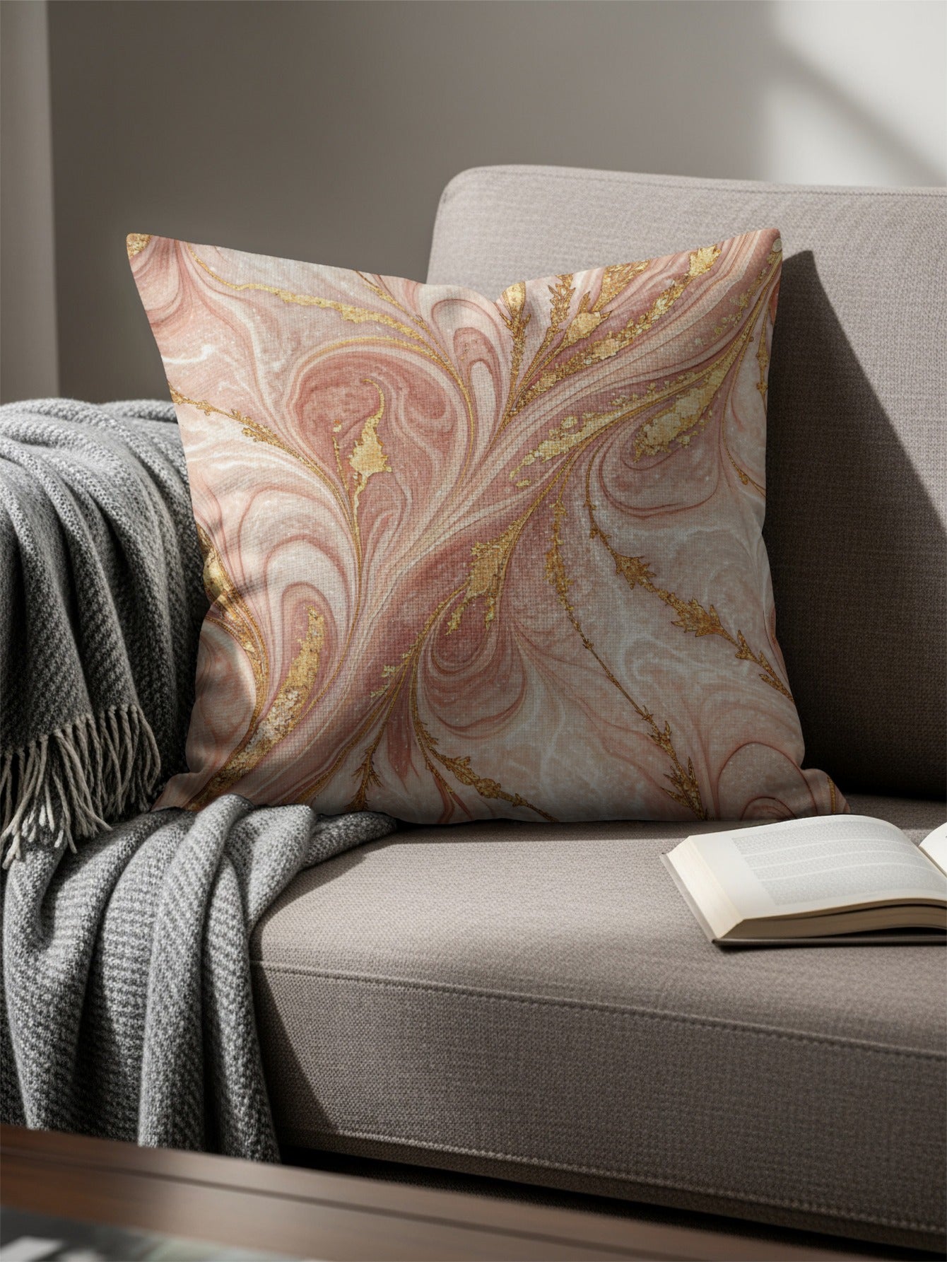 Golden Swirls with Pink Marble Decorative Floral Throw Pillows - Walk Greener