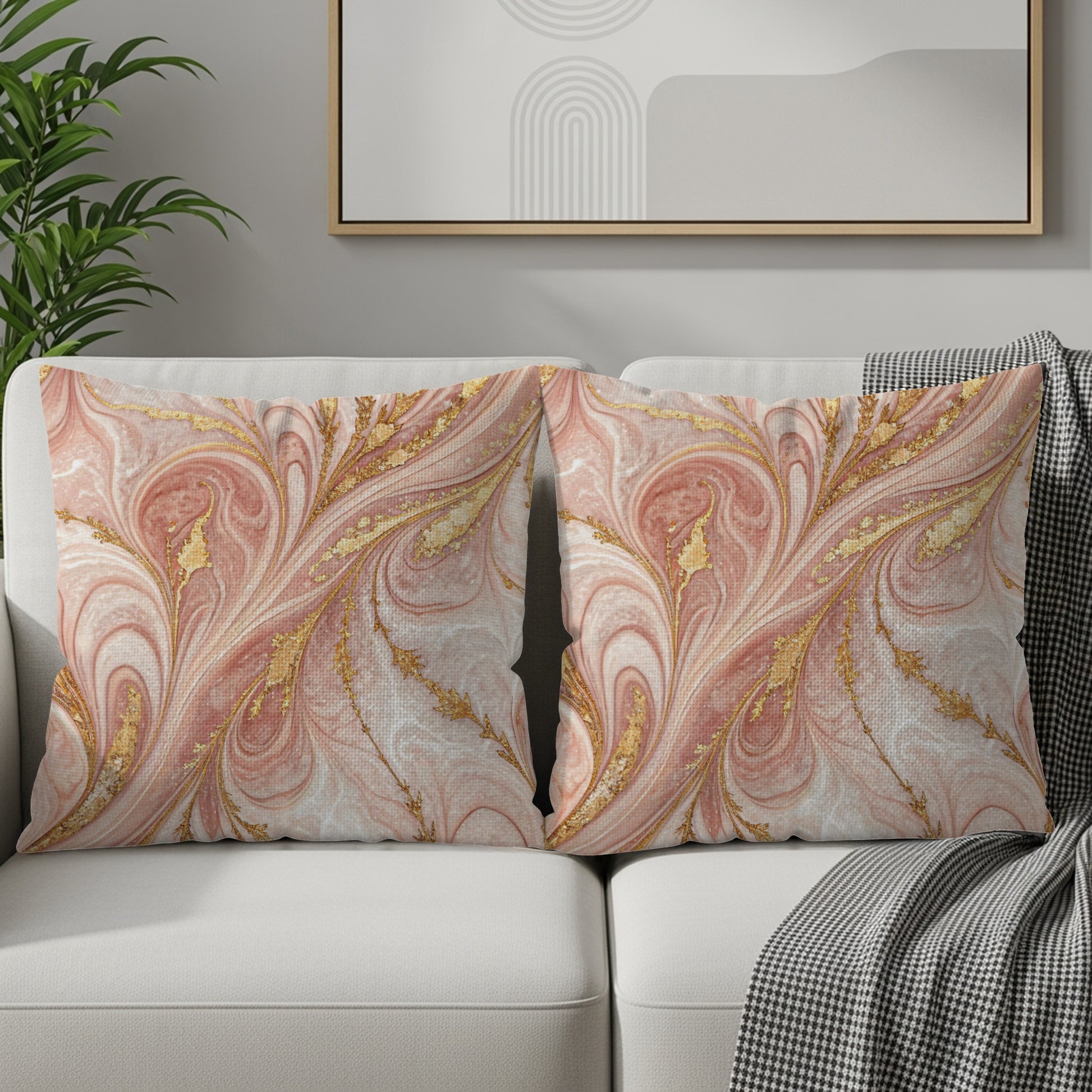 Golden Swirls with Pink Marble Decorative Floral Throw Pillows - Walk Greener