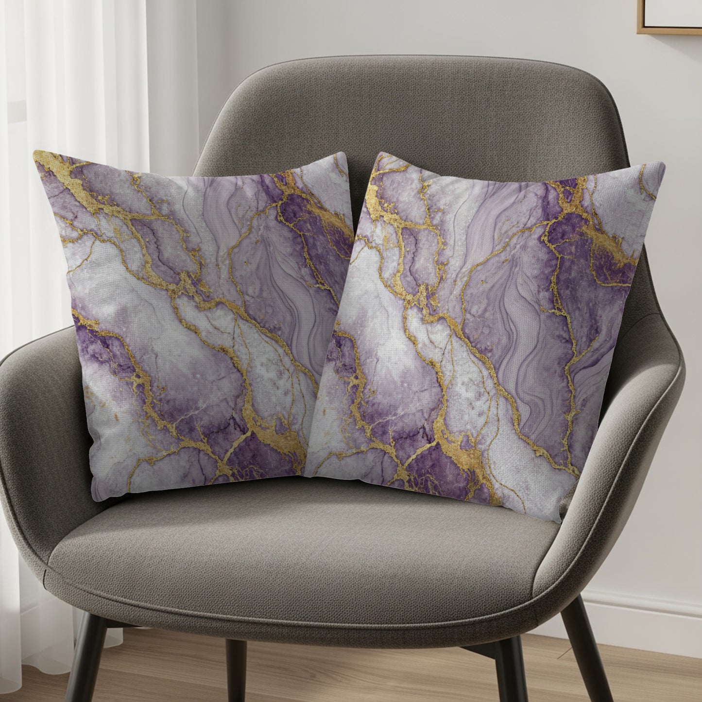Elegant Purple Gold Accent Abstract Swirl Decorative Floral Throw Pillows - Walk Greener