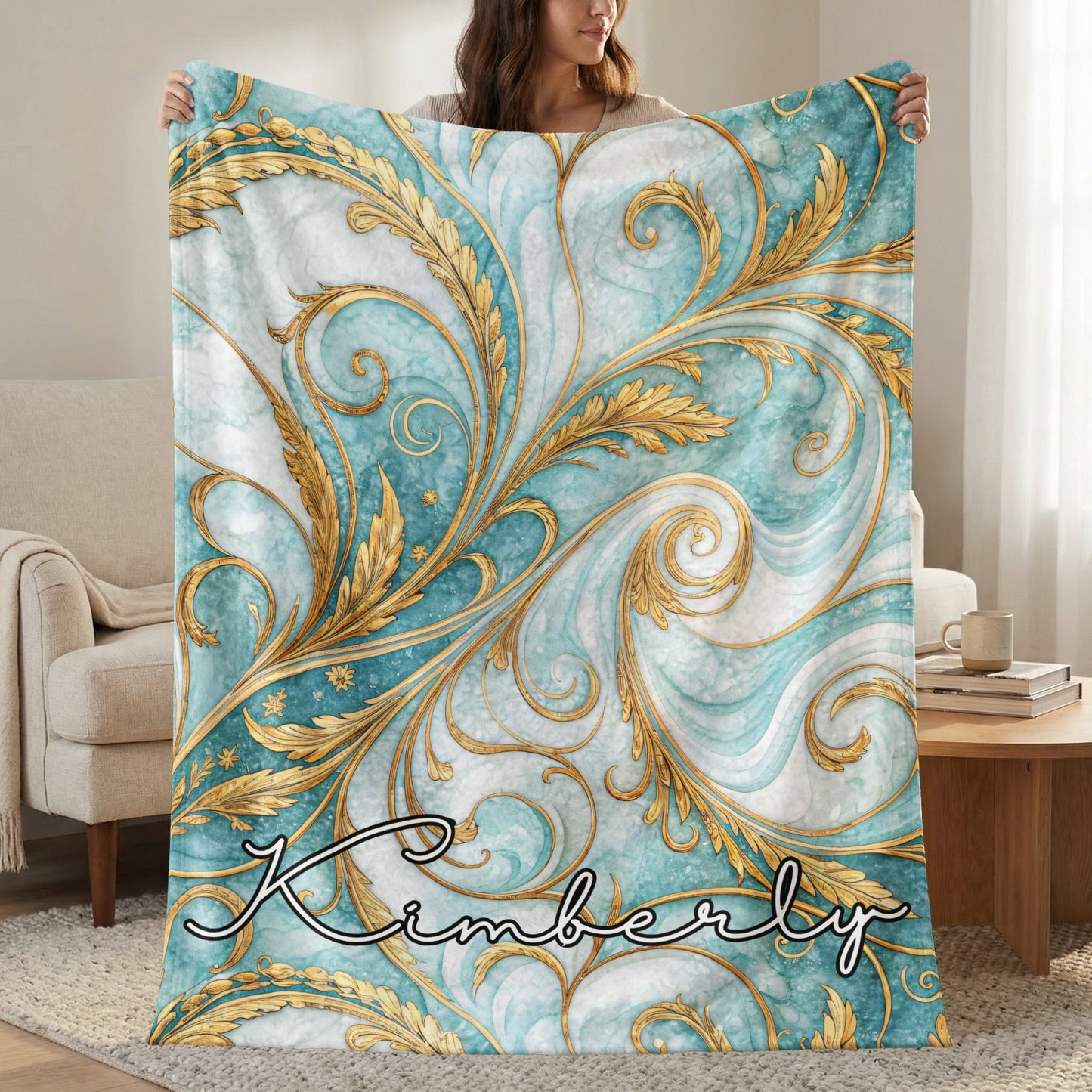 Custom Blue and Gold Swirl Design Blanket
