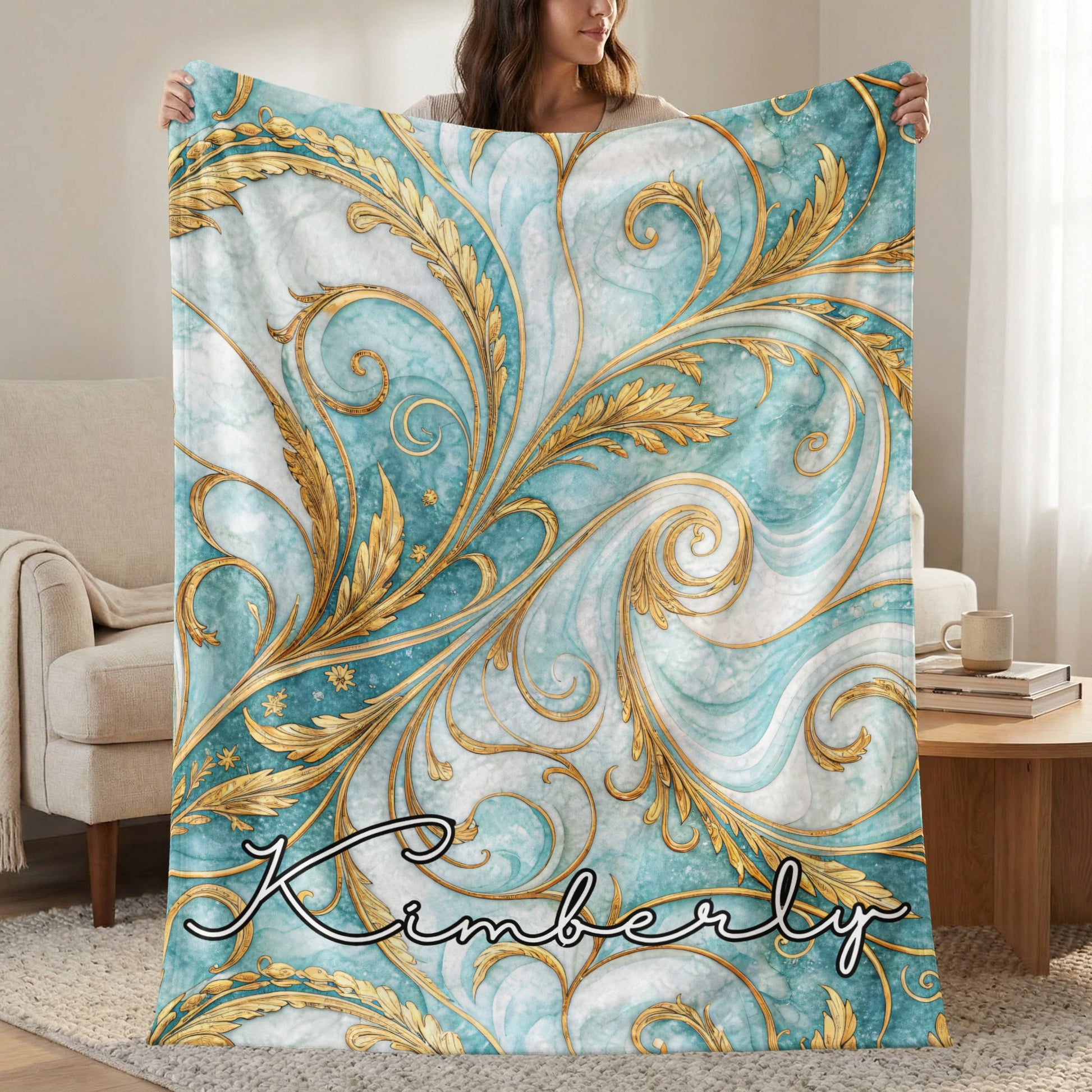 Custom Blue and Gold Swirl Design Blanket