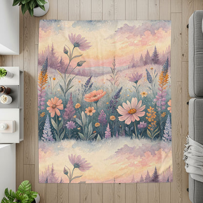Floral Watercolor Meadow with Sunset Hues Velveteen Plush Blankets - Walk Greener