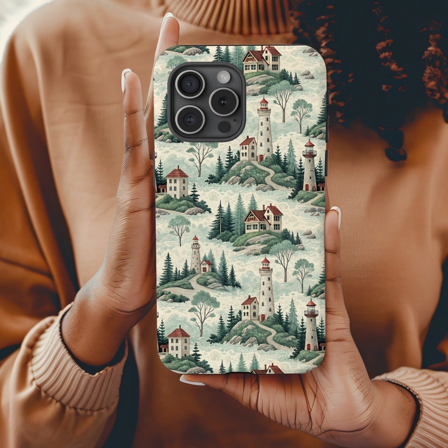 Coastal Lighthouse Landscape Pattern Design Custom Phone Case - Walk Greener